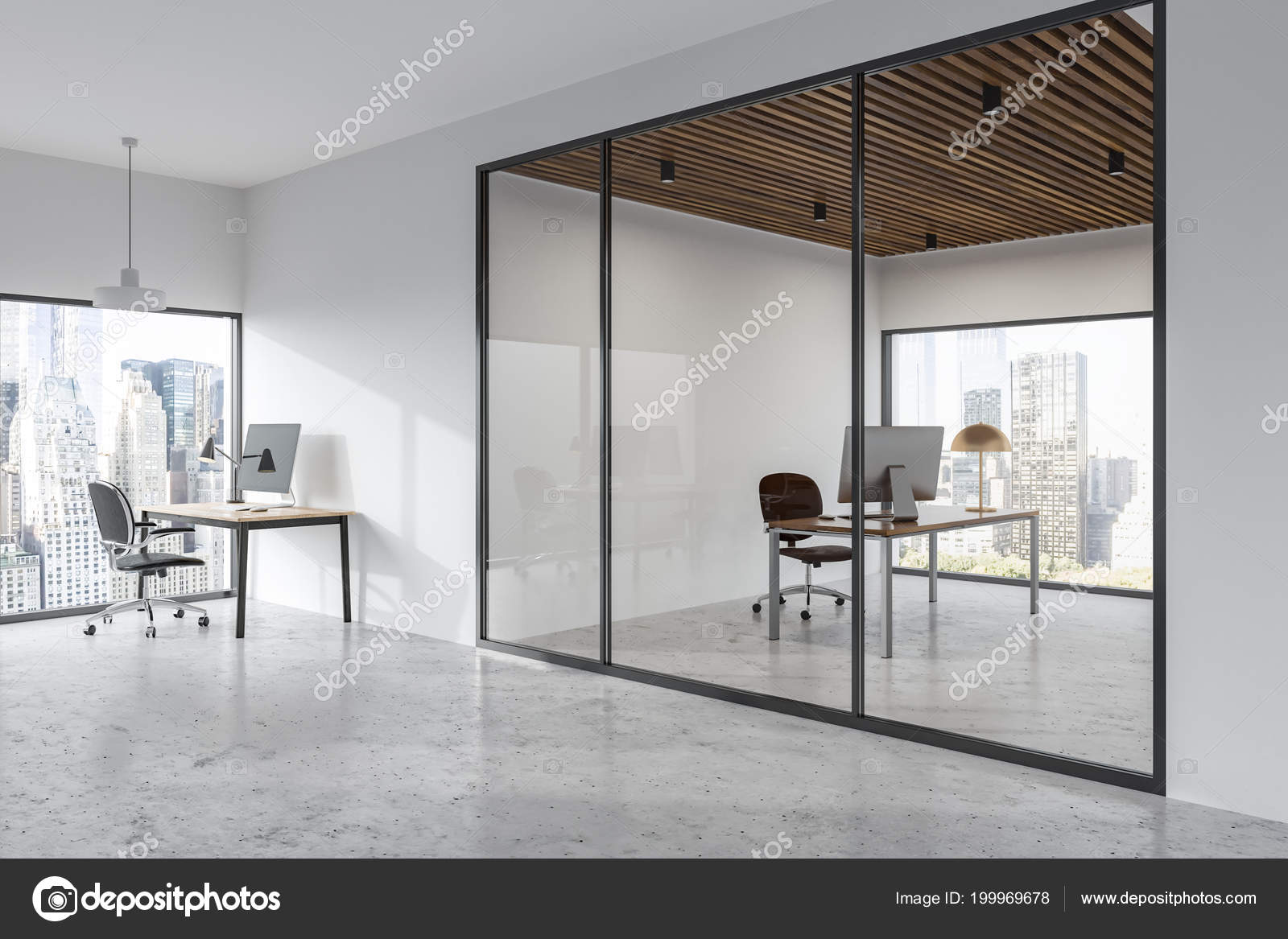 Stylish Minimalistic White Wall Office Interior Loft Windows Rows