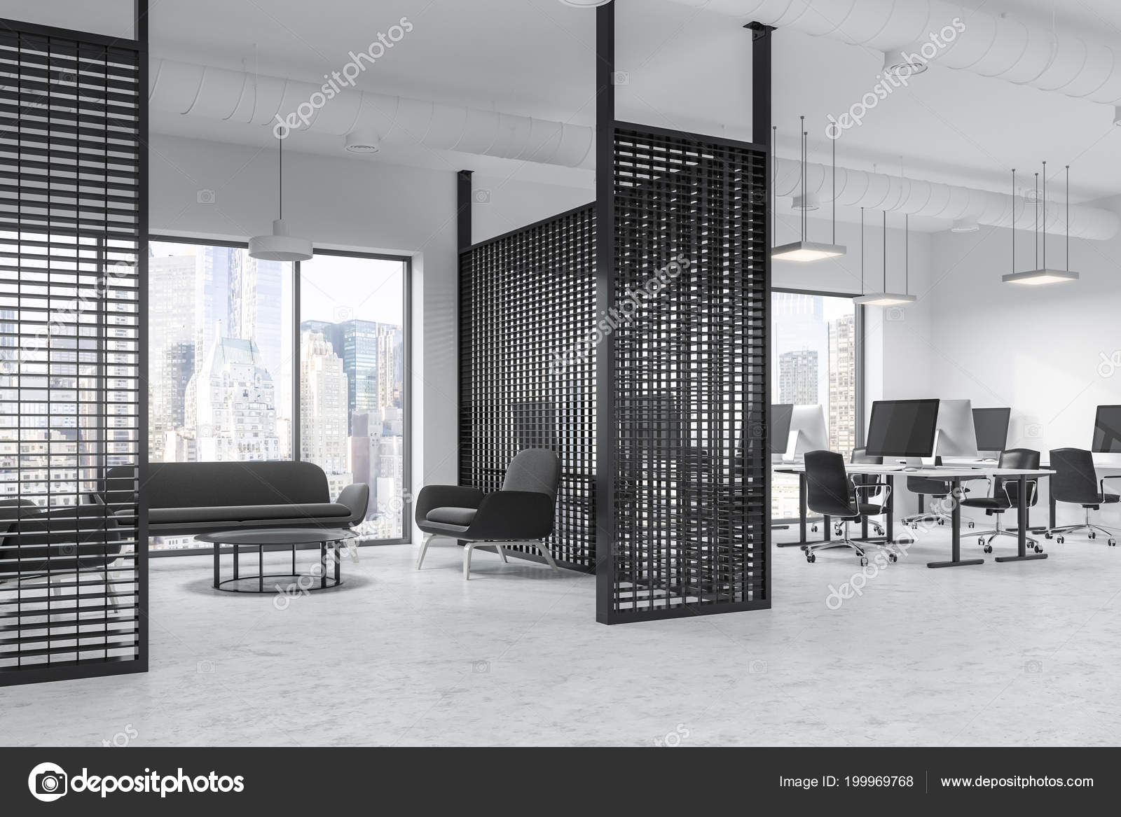 Angle View Modern Office Interior White Metal Walls Waiting