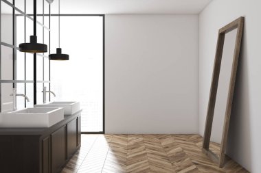Beyaz duvar banyo iç metal dekorasyon ayrıntıları, ahşap zemin ve yakınında bir ayna konumu olan bir çift lavabo. Yan görünümü. 3D render alay
