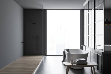 Gri duvar banyo iç metal dekorasyon ayrıntıları, bir beton zemin ve bir ayna konumu yakınında olan beyaz bir küvet. Bir çift lavabo. 3D render alay