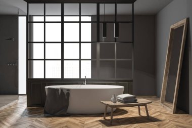 Gri duvar banyo iç ahşap zemin ve bir ayna konumu yakınında olan beyaz bir küvet ile. Sahte bir çift lavabo ve bir tablo 3d render kadar