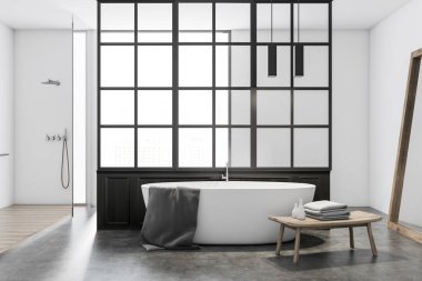 Beyaz duvar banyo iç bir beton ve ahşap zemin ve bir ayna konumu yakınında olan beyaz bir küvet ile. Sahte bir çift lavabo ve bir tablo 3d render kadar