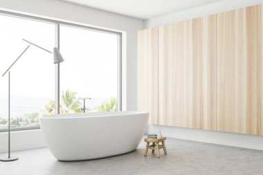 Beyaz ve ahşap duvar panoramik banyo köşe tropik manzaralı. Zarif bir beyaz küvet pencerenin duruyor. Bir lamba yanında vardır. 3D render alay