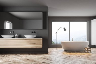 Gri duvar dağ manzaralı panoramik banyo iç. Zarif bir beyaz küvet pencerenin duruyor. Yanında bir çift lavabom. 3D render alay