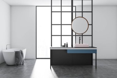 Çatı penceresi, beton zemin, bir lavabo bir yuvarlak ayna ve beyaz bir küvet ile modern bir banyo iç. 3D render alay