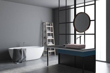 Çatı penceresi, beton zemin, bir lavabo bir yuvarlak ayna ve beyaz bir küvet ile modern bir banyo köşesinde. Gri duvarlar. 3D render alay