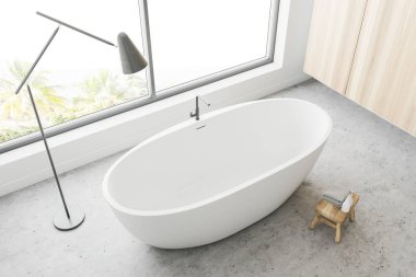 Ahşap duvar panoramik banyo iç tropik manzaralı. Zarif bir beyaz küvet pencerenin duruyor. Bir lamba yanında vardır. Üstten görünüm. 3D render alay