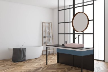 Çatı penceresi, beton zemin, bir lavabo bir yuvarlak ayna ve beyaz bir küvet ile modern bir banyo köşesinde. Beyaz duvarlar. 3D render alay