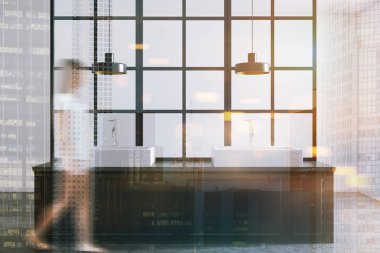 Beyaz duvar banyo iç metal dekorasyon ayrıntıları ve koyu ahşap tezgah üzerinde duran çift lavabo ile. Kadın 3d render kadar alay tonda görüntü çift pozlama