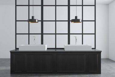 Beyaz duvar banyo iç metal dekorasyon ayrıntıları ve koyu ahşap tezgah üzerinde duran çift lavabo ile. 3D render alay