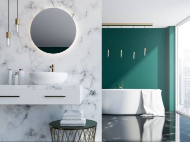 Beyaz mermer ve koyu yeşil çatı banyo lavabo, yuvarlak bir ayna ve bir küvet bir çatı penceresi yakınındaki. 3d render yakından