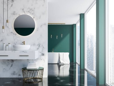 Beyaz mermer ve koyu yeşil çatı banyo lavabo, yuvarlak bir ayna ve bir küvet bir çatı penceresi yakınındaki. 3D render