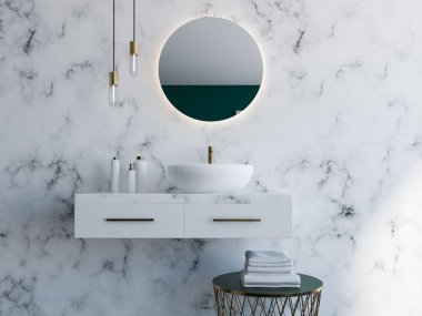 Zarif beyaz lavabo ayakta beyaz bir raf. Yuvarlak ayna gidiyor işte. Beyaz mermer banyo iç. 3D render alay