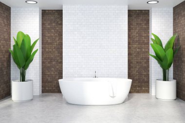 Beyaz tuğla beyaz bir zemin ve iki saksı bitkileri arasında ayakta beyaz bir küvet ile banyo iç. 3D render alay