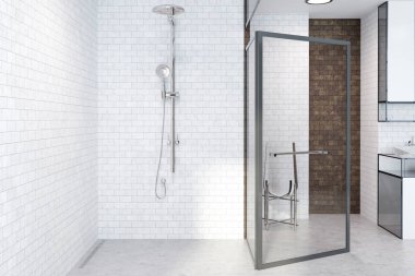 Beyaz tuğla banyo iç bir açık cam kapı, bir lavabo ve duş. Bir beton zemin. 3D render alay