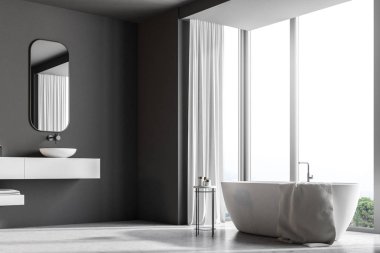 Banyo Köşe bir mermer zemin, dağ manzarası, beyaz bir küvet ve lavabo ile panoramik bir pencere ile. Siyah duvarlar. 3D render