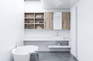 Beyaz modern banyo iç ahşap dolaplar, beyaz bir küvet ve lavabo ile. Bir beton zemin. 3D render alay