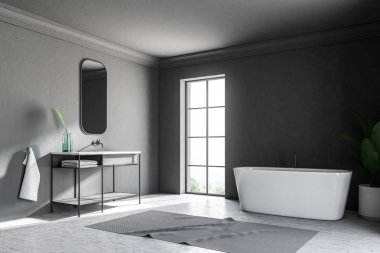 Bir beton zemin bir gri duvar çatı banyo köşesinde. Açısal bir beyaz küvet pencerenin duruyor. Yanında bir saksı bitkidir. Bir lavabo. 3D render alay