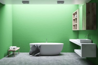 Işık yeşil duvarlar, beton zemin, beyaz bir küvet ve lavabo ile minimalist banyo iç. Havlu ile bir Bank. 3D render alay