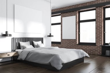 Modern yatak odası köşe beyaz ve tuğla duvarlar, ahşap zemin ve bir çift kişilik yatak ile. Yatay ve dikey bir poster. 3D render alay