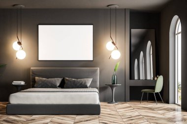 Modern yatak odası iç koyu gri duvarlar, ahşap bir zemin, bir çift kişilik yatak ve köşedeki uzun boylu bir ayna ile bir makyaj tablo. 3d render yatay bir poster yatağı yukarıda alay kadar