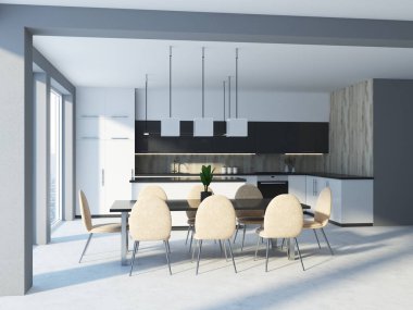 Bir yemek masası, bej renkli sandalyeler, çatı windows ve gri mutfak tezgahı ile beyaz ve ahşap mutfak iç. Açık bir görünüm. 3D render alay