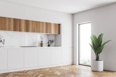 Beyaz ve ahşap mutfak tezgahı. Beyaz mermer tablo ön planda. Saksılı bitki ve bir pencere. Ev yapımı gıda kavramı. 3d render alay kadar bulanık