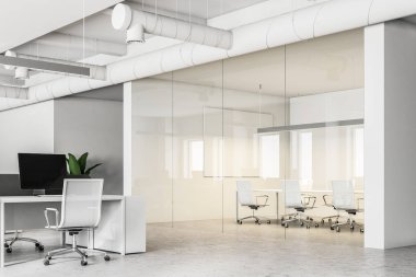 Açık alan ofis ve toplantı odası iç uzun bir masa ve çevresinde ayakta beyaz sandalyeler. 3D render alay