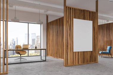 Panoramik pencere yöneticisi Office şık bir masa ve bir bilgisayarda bir modern iş merkezindeki. ahşap duvarlar ile poster kadar sahte. Modern şirket tasarım kavramı. 3D render