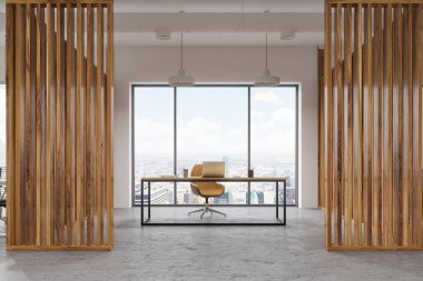Panoramik pencere yöneticisi Office şık bir masa ve bir bilgisayarda bir modern iş merkezindeki. Ahşap duvarlar. Modern şirket tasarım kavramı. 3D render