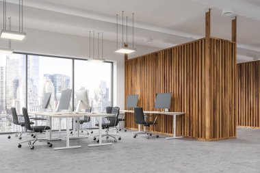 Beyaz ve ahşap duvarları olan bir modern ofis iç, panoramik bir pencere bir cityscape ve bir açık alan alanı yan görünüm. 3D render