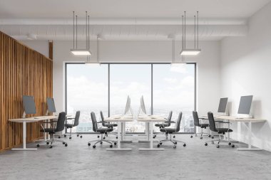 Beyaz ve ahşap duvarları olan bir modern ofis iç, panoramik pencereli bir cityscape ve bir açık alan alan açık bakış. 3D render