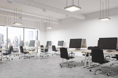 Modern ofis iç beyaz ve metal duvarlı, panoramik bir pencere bir cityscape ve bir açık alan alanı yan görünüm. 3d render yakından