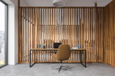 Panoramik pencere yöneticisi Office şık bir masa ve bir bilgisayarda bir modern iş merkezindeki. Ahşap duvarlar ve kahverengi bir sandalye. Modern şirket tasarım kavramı. 3D render