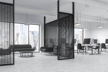 Modern ofis iç beyaz ve metal duvarlar, bekleme odası ve açık alan içinde belgili tanımlık geçmiş ile görüş açısı. 3D render