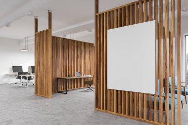 Beyaz ve ahşap duvarları olan bir modern ofis iç, panoramik bir pencere bir cityscape ve bir açık alan alanı yan görünüm. Poster kadar sahte. 3D render