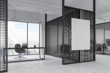 Panoramik pencere yöneticisi Office şık bir masa ve bir bilgisayarda bir modern iş merkezindeki. Poster kadar sahte metal duvarlar. Modern şirket tasarım kavramı. 3D render