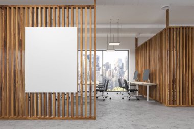 Bir modern ofis iç ahşap duvarlar ile panoramik pencereli bir cityscape ve bir açık alan alan açık bakış. Poster kadar sahte. 3D render