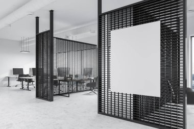 Modern ofis iç beyaz ve metal duvarlı, panoramik bir pencere bir cityscape ve bir açık alan alanı yan görünüm. Poster kadar sahte. 3D render