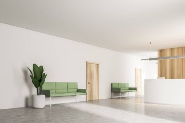 Beyaz Resepsiyon Masa ayakta ahşap duvarlar ve beyaz bir zemin ile modern şirket ofis salonunda. Yeşil kanepe ziyaretçiler için. İş iç kavramı. 3D render alay