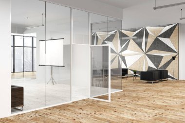 Yıldız duvar desen office lobi cam ve beyaz duvarlar ve ahşap bir zemin ile. Siyah sandalye ve sahte poster kadar uzun bir tabloyla. Bekleme odası. 3D render