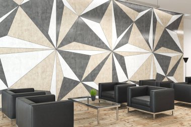 Yıldız duvar desen bekleme odası iç cam Sehpalar duran yumuşak siyah koltuklar ile. 3D render alay