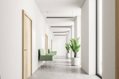 Beyaz şirket klinik lobi uzun boylu windows ile bir beton zemin ve ahşap kapılar bir lobi. Yeşil koltuklar ve saksı bitkileri. Alan kavramı bekliyor. 3D render