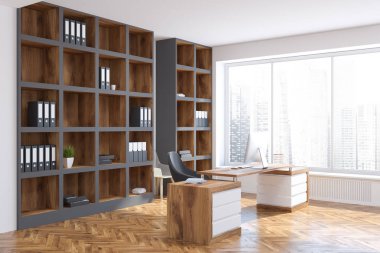 Ahşap kitaplık Şirket Yöneticisi office bir çatı penceresi, bir beyaz ve ahşap masa ve bir ahşap zemin. 3D render