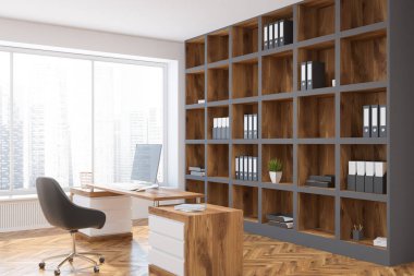 Ahşap kitaplık Şirket Yöneticisi office bir çatı penceresi, bir beyaz ve ahşap masa ve bir ahşap zemin. Görüş açısı. 3D render