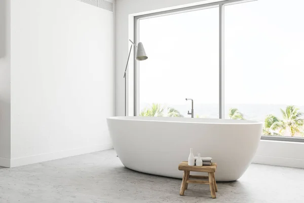 Mur Blanc Intérieur Salle Bain Panoramique Avec Une Vue Tropique — Photo