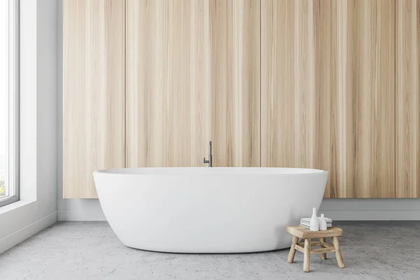 Wooden Wall Panoramic Bathroom Interior Elegant White Tub Standing Window — Stock Photo, Image
