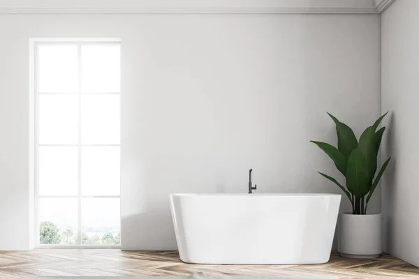 White Wall Loft Bathroom Interior Wooden Floor Angular White Tub — Stock Photo, Image