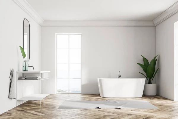 White Wall Loft Bathroom Interior Wooden Floor Angular White Tub — Stock Photo, Image