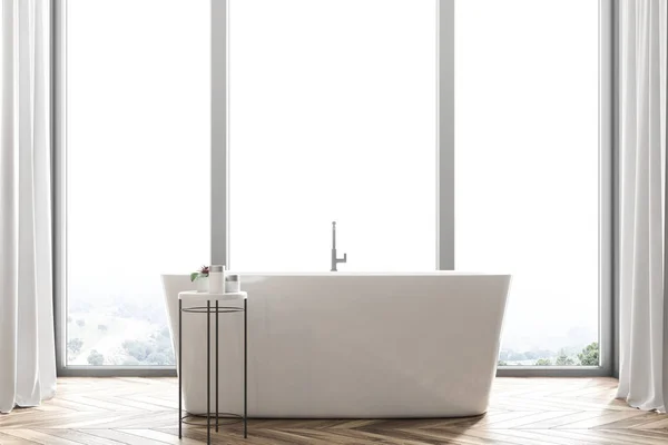 Fürdőszoba Interior Padló Fehér Szögletes Kád Hegyekre Néző Panorámás Ablak — Stock Fotó